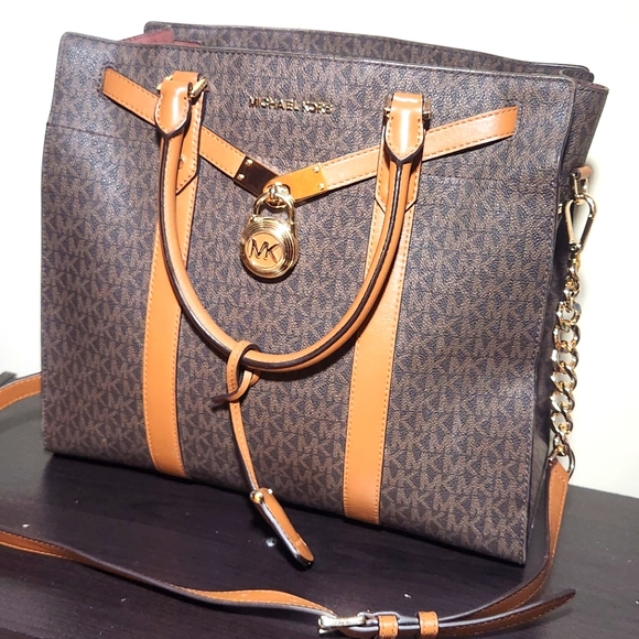 Michael Kors Handbags - Michael Kors Nouveau Hamilton Large Satchel - Logo Brown